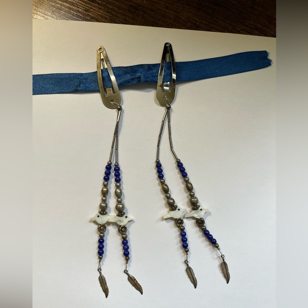 Native American made Blue and Silver Beaded Barrettes